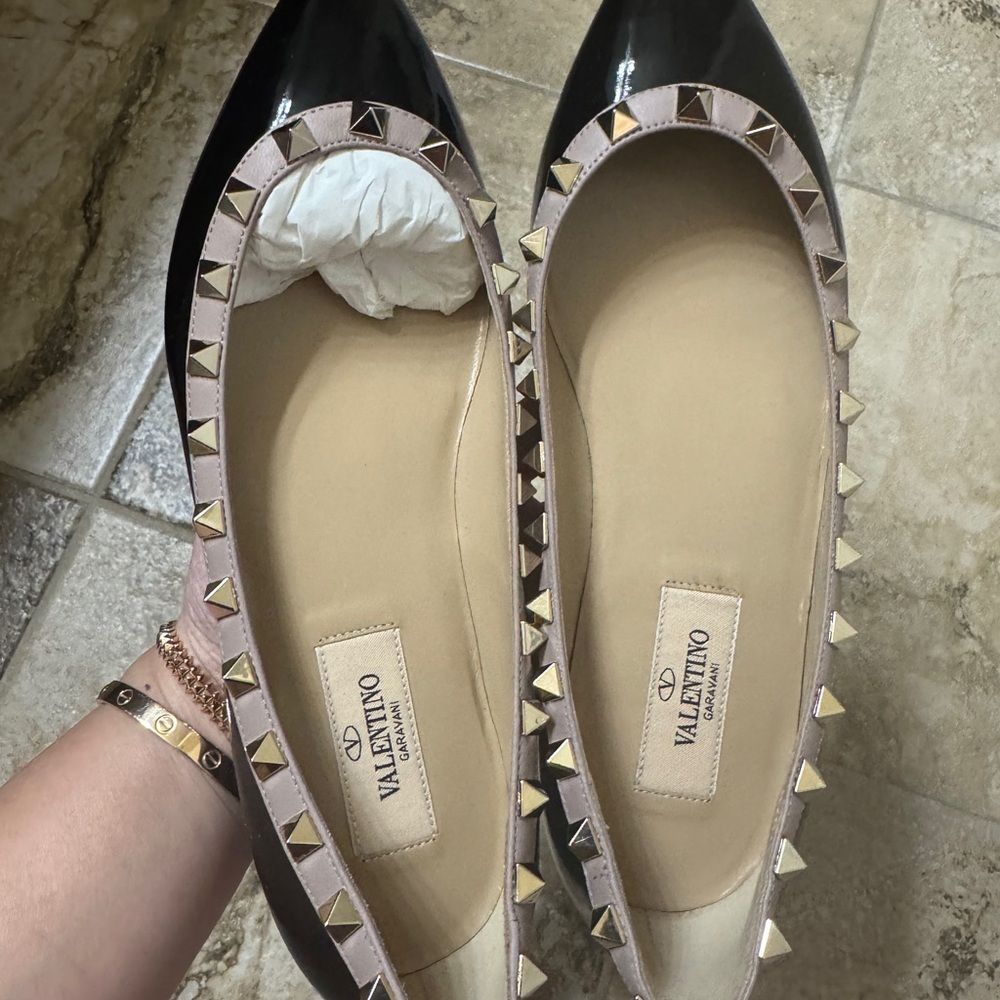 Valentino Black and Cream Studded Flats